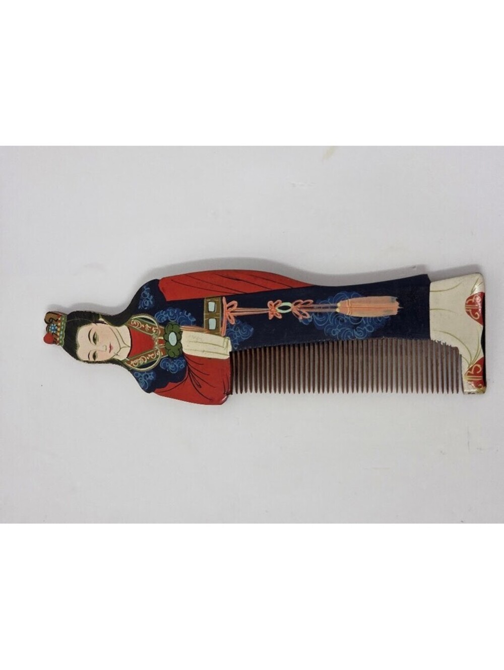 Hand Painted Asian Figure Wooden Comb Decorative Hair Grooming Accessory
